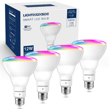 Lightinginside Smart Light Bulb 75W Equivalent, 1100LM 12W RGBCW BR30 E26 Bulb Works with Alexa/Google Home/Smart Life, 2.4G WiFi Bluetooth Recessed Flood LED Bulbs, No Hub Required, ETL Listed, 4PCS