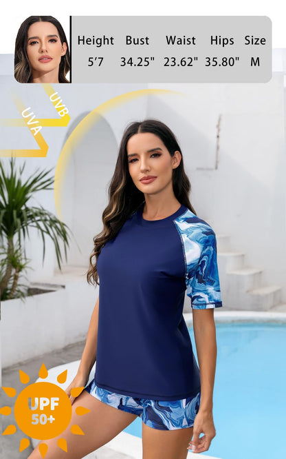 Halcurt Women's Rash Guard Set Padded 2 Piece Swimsuit with Boyleg Shorts Navy XL