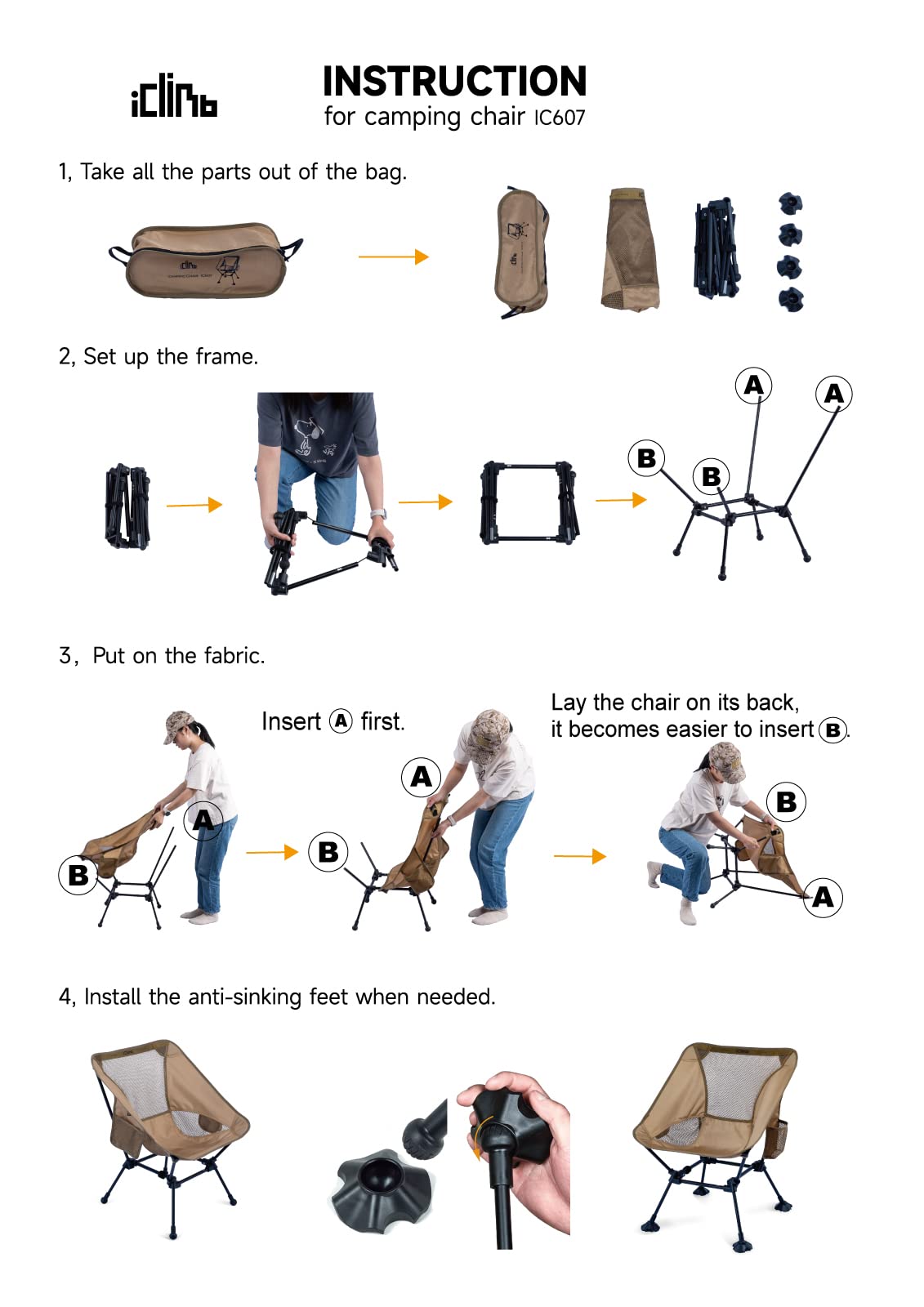 iClimb Ultralight Compact Camping Folding Beach Chair with Anti-Sinking Large Feet and Back Support Webbing (Yellow - Square Frame - 2PC)