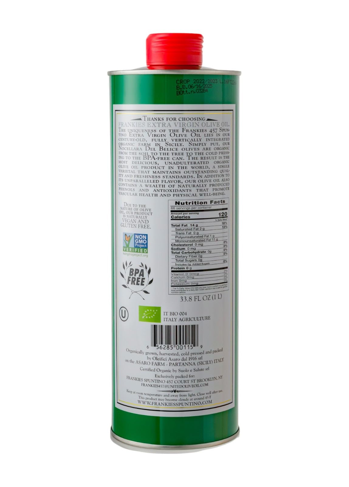 Frankies 457 Organic Extra Virgin Olive Oil - Premium Castelvetrano Olive Oil - Harvested in Sicily - Pure Authentic Italian - Monovarietal - Rich in Flavor - First Cold Pressed - 33.8 fl oz (1 L)