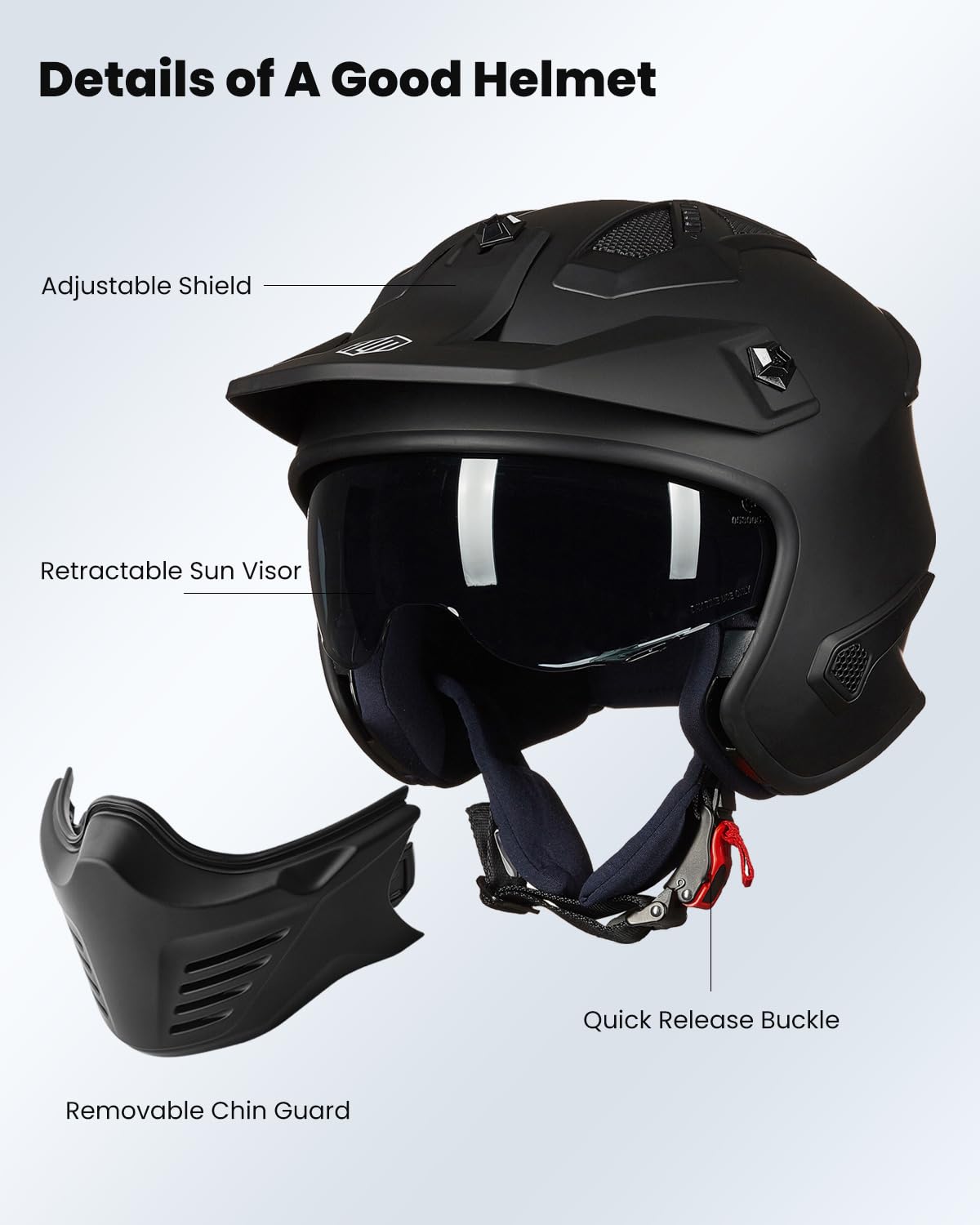 ILM Open Face Motorcycle 3/4 Half Helmet for Dirt Bike Moped ATV UTV Motocross Cruiser Scooter DOT Model 726X (Matte Black,XL