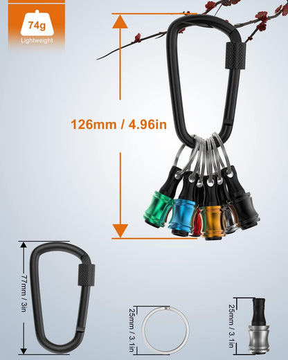 Katerk 12pc Portable Bit holder Key chain, 1/4 inch Hex Shank Screwdriver Bit Clip for Impact Driver Drill Bit Extension Nut Driver W/Black Carabiner, Quick Release Lightweight Drill Screw Adapter
