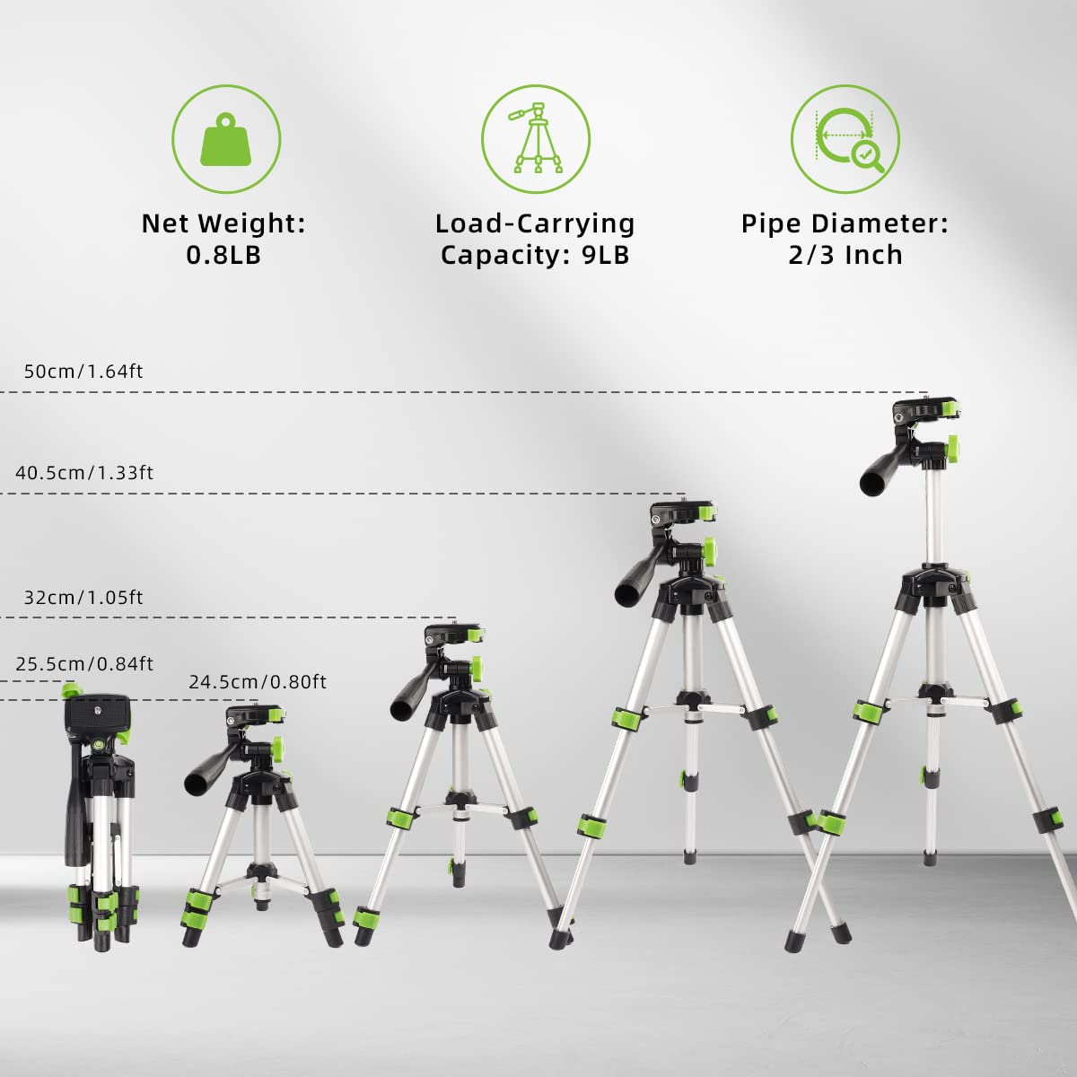 Huepar TPD05 19.7" Lightweight Aluminum Tripod-Mini Portable Adjustable Tripod for Laser Level and Camera, with 3-Way Flexible Pan Head and Bubble Level, Quick Release Plate with 1/4"-20 Screw Mount