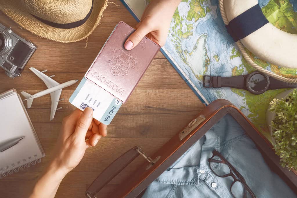 Passport Holder Cover Wallet Case RFID Blocking Leather Card Slot Travel Accessories Documents Organizer Protector for Women Men, Rose Gold