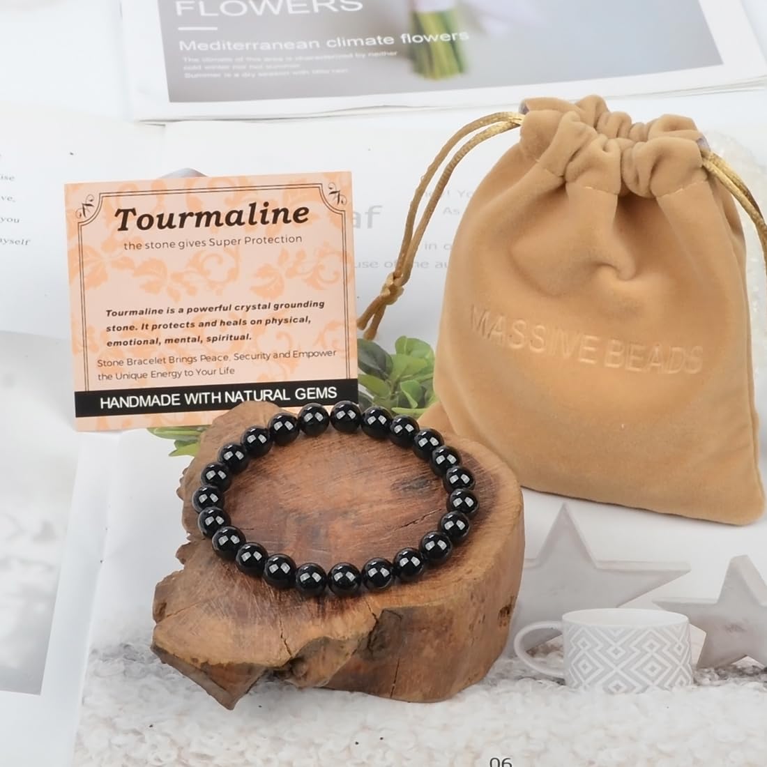 MASSIVE BEADS Black Tourmaline - Super Protection - Handmade Yoga Stretch Elastic Bracelet Natural Stone Crystal Healing Power Energy Gifts for Unisex Adult 8mm