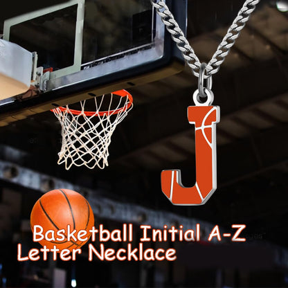 AIAINAGI Basketball Initial A-Z Letter Necklace for Men Basketball Charm Pendant Stainless Steel Silver Chain 22 inch Personalized Basketball Gift for Men(J)
