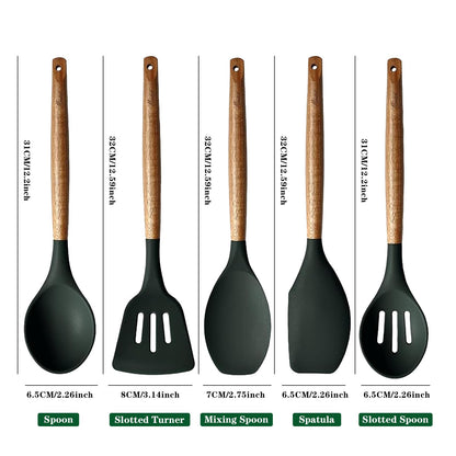 Miusco Non-Stick Silicone Cooking Utensils Set with Natural Acacia Hard Wood Handle, 5 Piece, High Heat Resistant (Green)