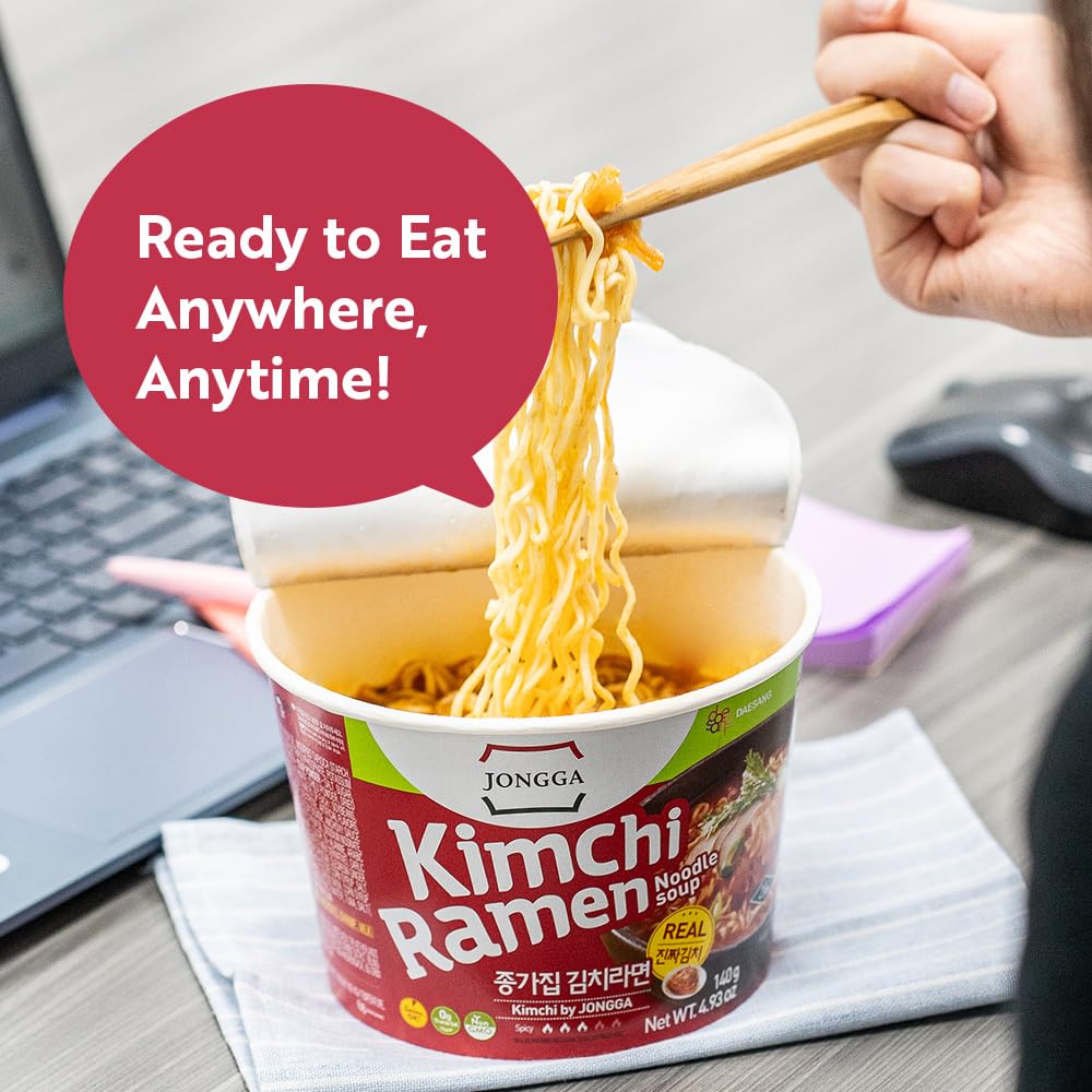 JONGGA Kimchi Ramen with Real Kimchi 4.9 oz Pack of 6, Korean Instant Hot and Spicy Noodle Soup, Authentic Savory Ramen Bowl, Quick and Convenient