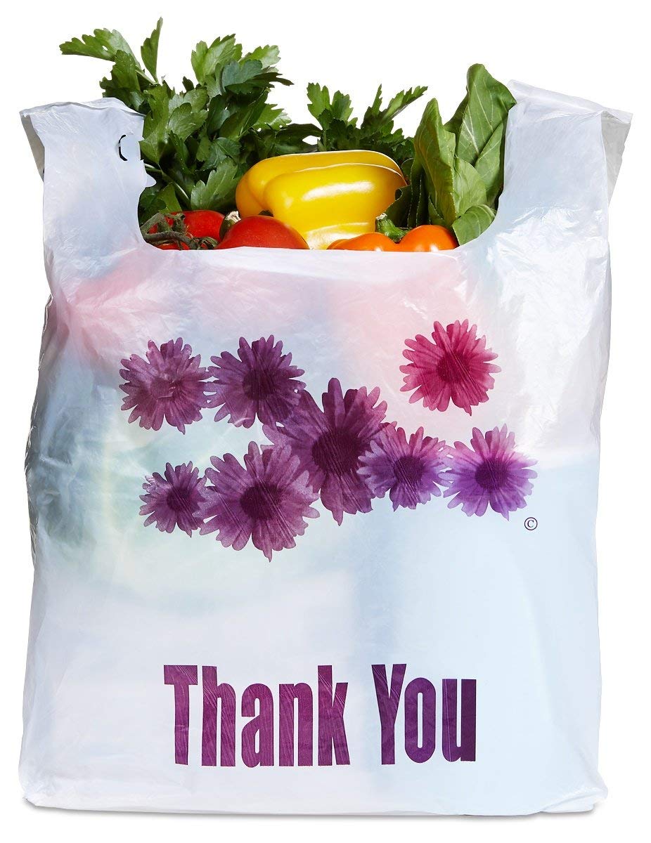 Extra Large Grocery and Retail T-Shirt Bag 1/6 Size Daisy Print 24 Microns Size: 12"x6.5"x23" Count 400 pc