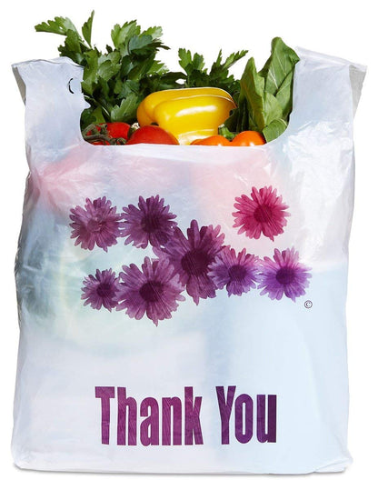 Extra Large Grocery and Retail T-Shirt Bag 1/6 Size Daisy Print 24 Microns Size: 12"x6.5"x23" Count 400 pc
