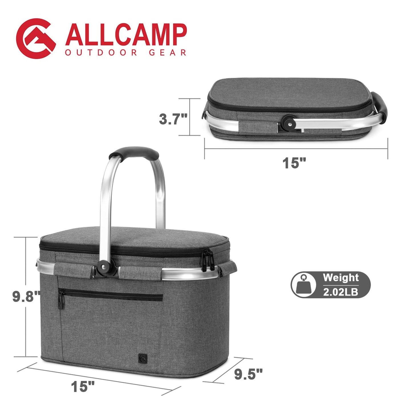 ALLCAMP Insulated Cooler Bag Portable Collapsible Picnic Basket Cooler Bag Collapsible, Leakproof, Lightweightwith Sewn in Frame (Medium Gray)