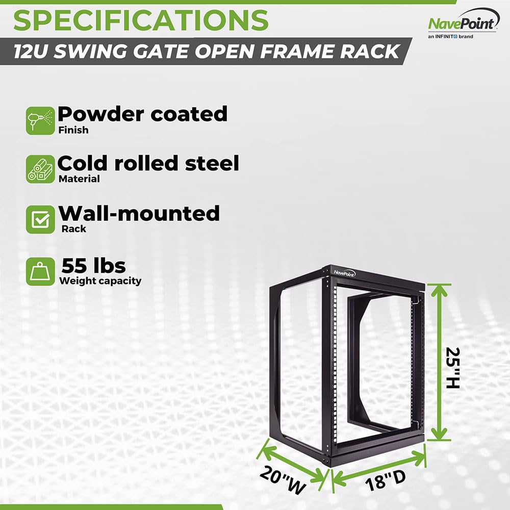 NavePoint 12U Open Frame Server Rack for 19" IT Network Equipment & A/V Devices, Free Standing or Wall Mount Rack with 180 Degrees Gate Swing, Black