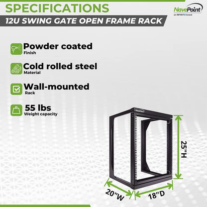 NavePoint 12U Open Frame Server Rack for 19" IT Network Equipment & A/V Devices, Free Standing or Wall Mount Rack with 180 Degrees Gate Swing, Black