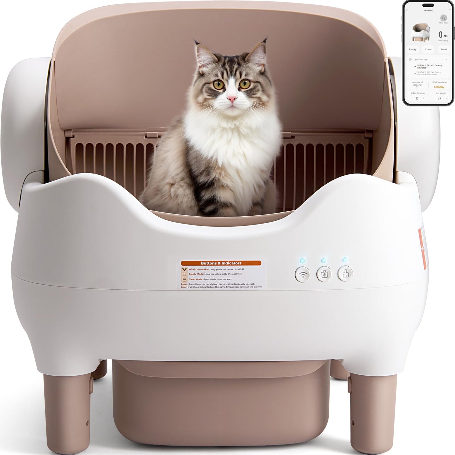 KITPLUS Self Cleaning Litter Box, Automatic Cat Litter Box with APP Control, Odor-Free Waste Disposal Includes Trash Bags, Large Waste Bin, Open-Top, for Multiple Cats