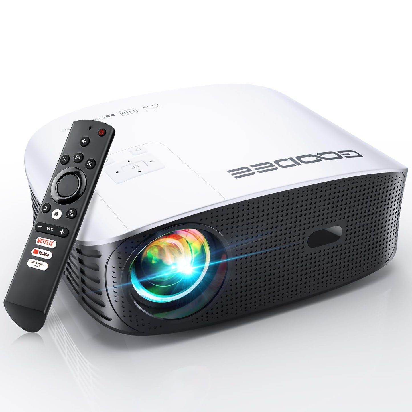GooDee Smart 4K Projector with 5G WIFI and Bluetooth, Netflix/Amazn Prime Video Certified, Dolby Audio, 800ANSI Outdoor Projector, 400" Zoom Home Theater Projector Compatible with TV Stick,iOS,Android