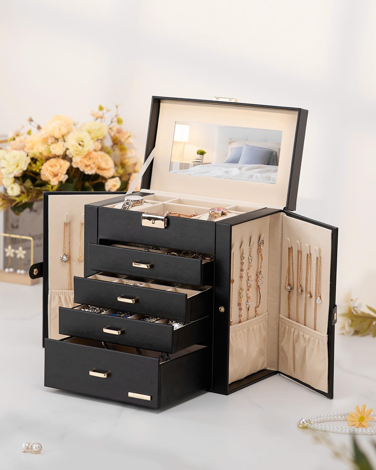 Homde Synthetic Leather Huge Jewelry Box Mirrored Watch Organizer Necklace Ring Earring Storage Lockable Gift Case (Black + Gold)