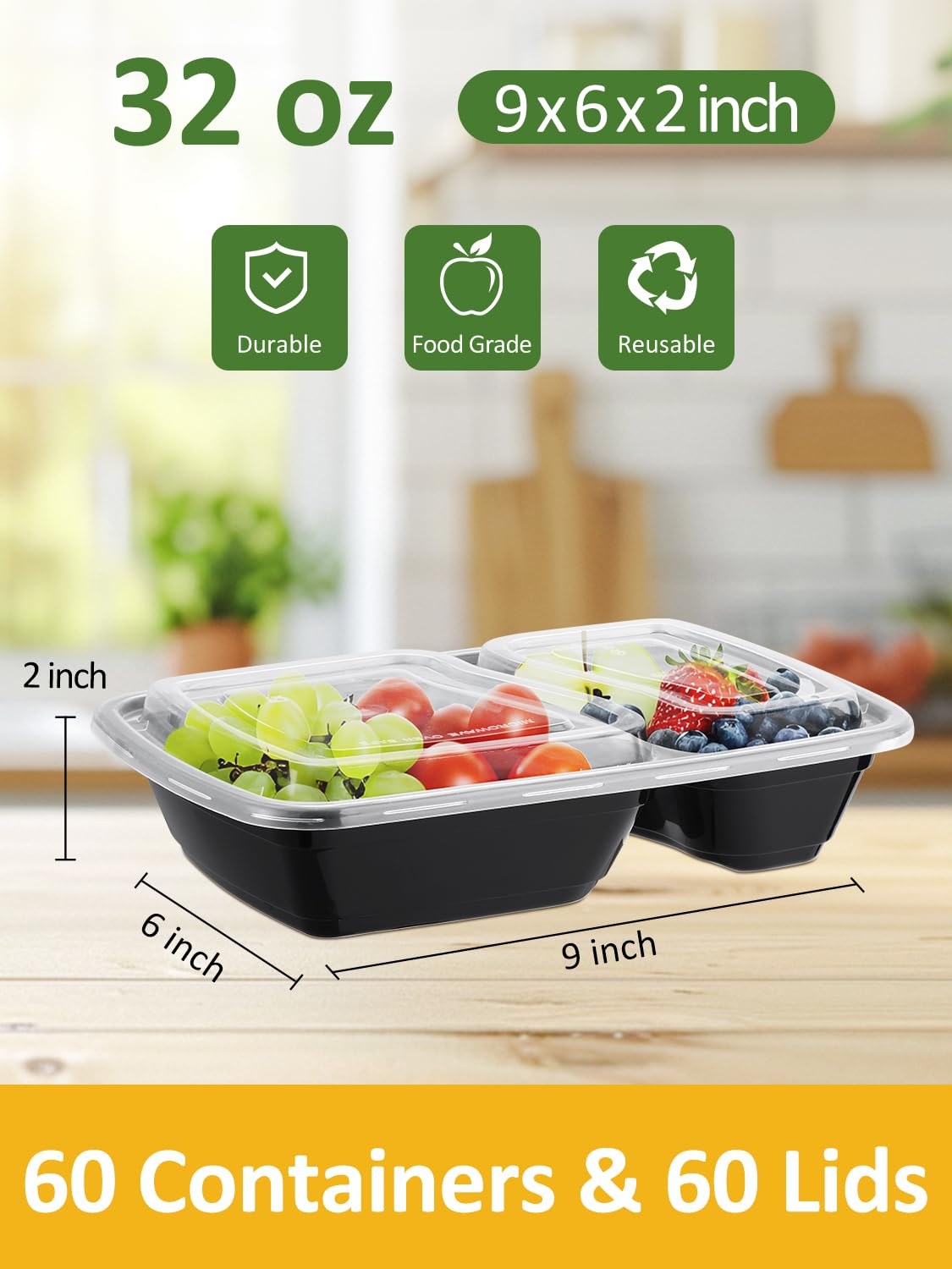 NEEBAKE 60 Sets 32oz Meal Prep Containers 2 Compartment - Plastic Food Storage Containers 2 Compartments with Lids