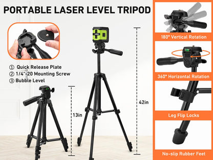 Laser Level Tripod Phone Stand: 51-Inch Aluminum Lightweight Tripod with 1/4" Screw Mount, Phone Holder and Bubble Level for iPhone and Line Lasers Measuring Tools, Carry Bag Included | Matte Black