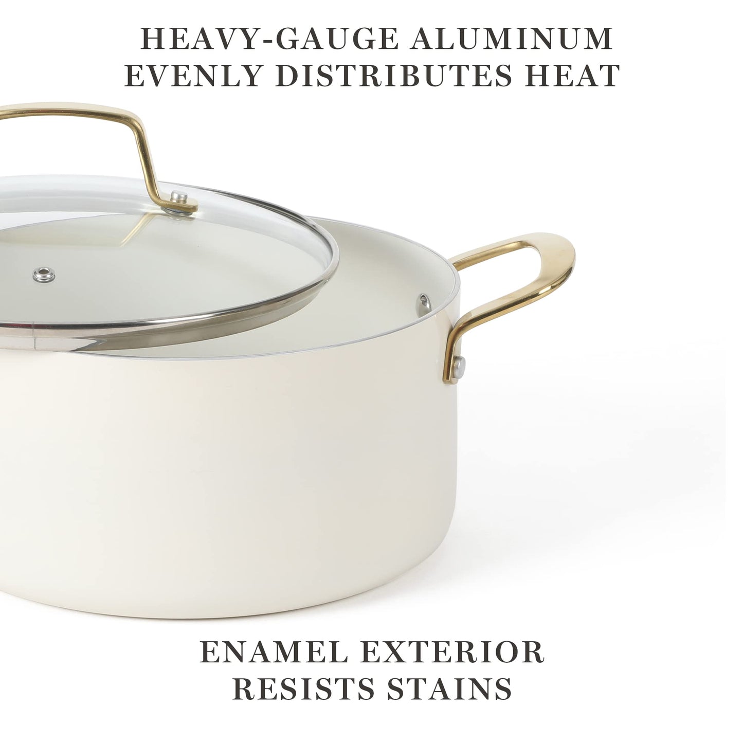 Martha Stewart Lockton Premium Non stick Non Toxic PFA Free Ceramic Interior 10 Piece Heavy Gauge Enamel Aluminum Pots and Pans Cookware Set - Linen White w/Gold Handle