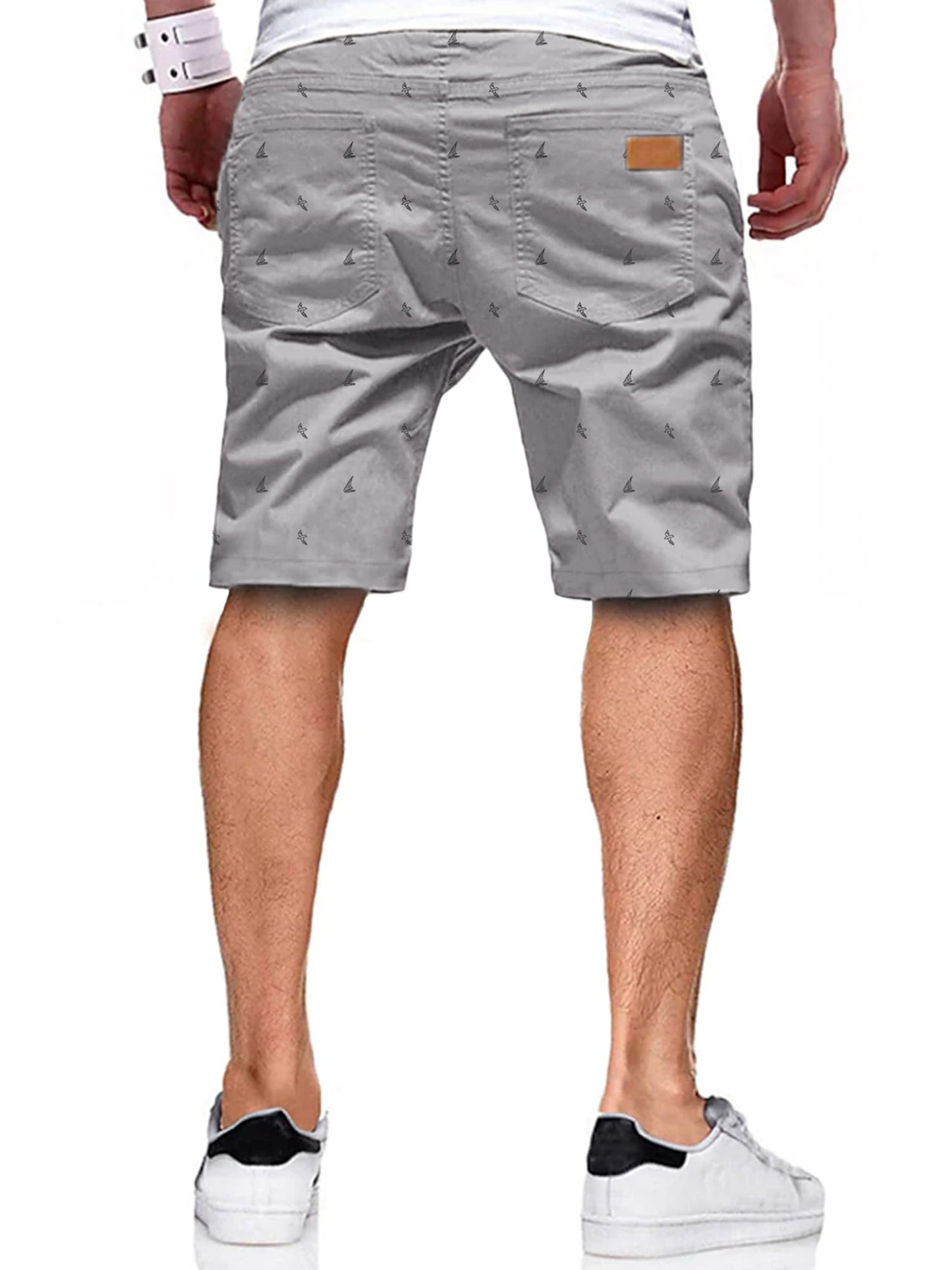 JMIERR Mens Casual Shorts - Fashion Cotton Drawstring Summer Beach Stretch Waist Twill Chino Golf Cruise Shorts with Pockets for Men 8 Inch Inseam, US 36(L), Coconut Tree Printed Grey