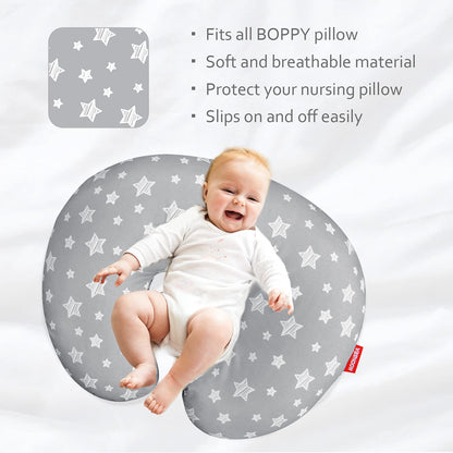 Nursing Pillow Cover for Baby Snug Fits Boppy Nursing Pillows, Super Soft, for Breastfeeding Moms, Grey Star