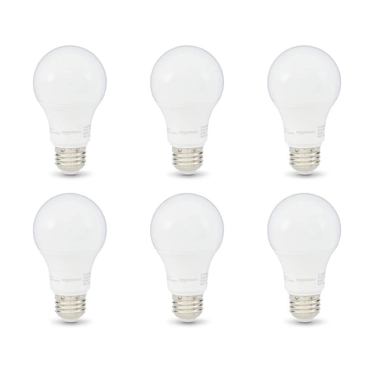 Amazon Basics A19 LED Light Bulbs, 60 Watt Equivalent, Energy Efficient 9W, E26 Standard Base, Soft White 2700K, Dimmable, 10,000 Hour Lifetime , 6-Pack