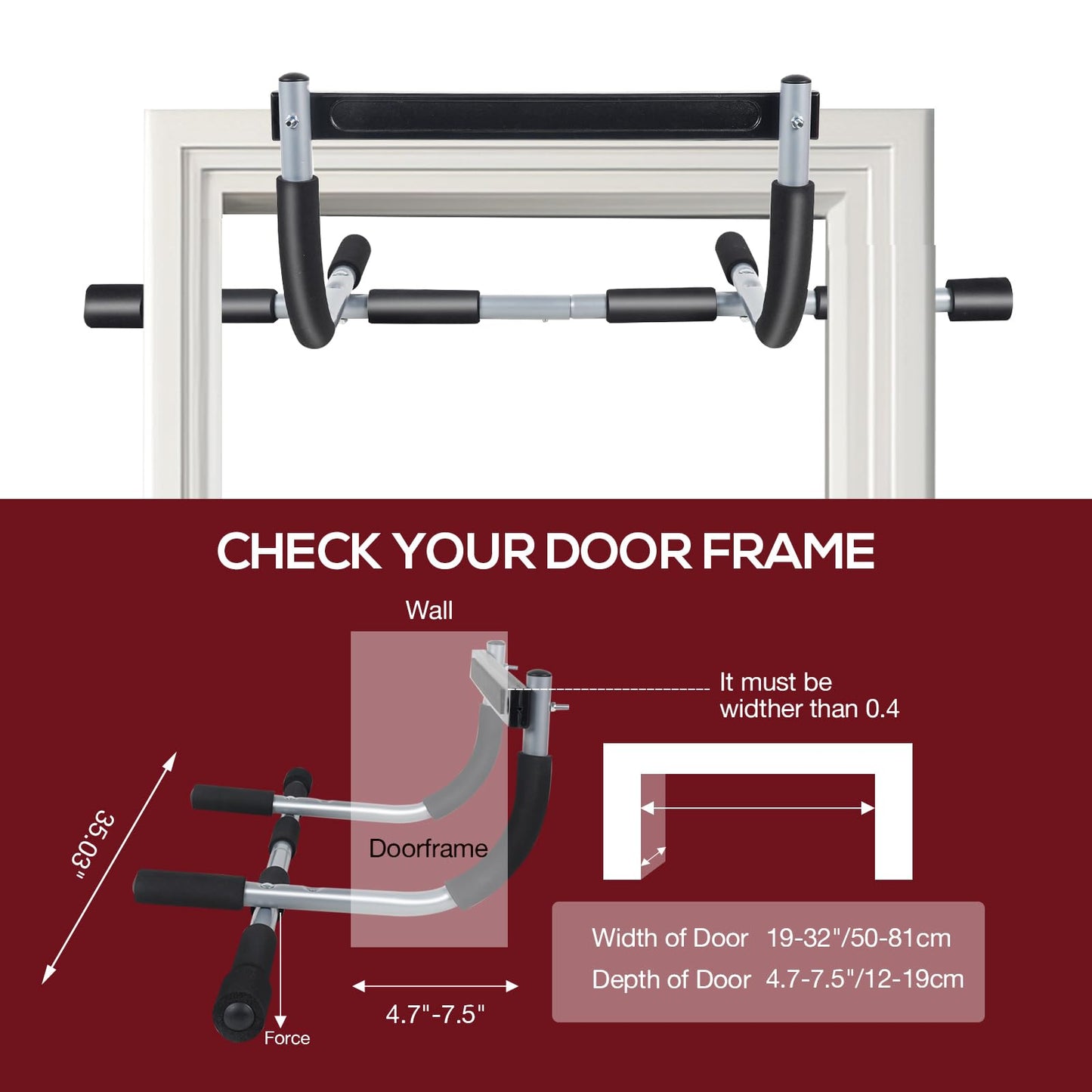GYE Doorway Pull Up Bar for Home Gym, Adjustable Width, Heavy-Duty Steel，Max Limit 440 lbs Upper Body Fitness Workout Bar with Foam Grips，Indoor Portable Upper Body Workout Bar for Strength Training