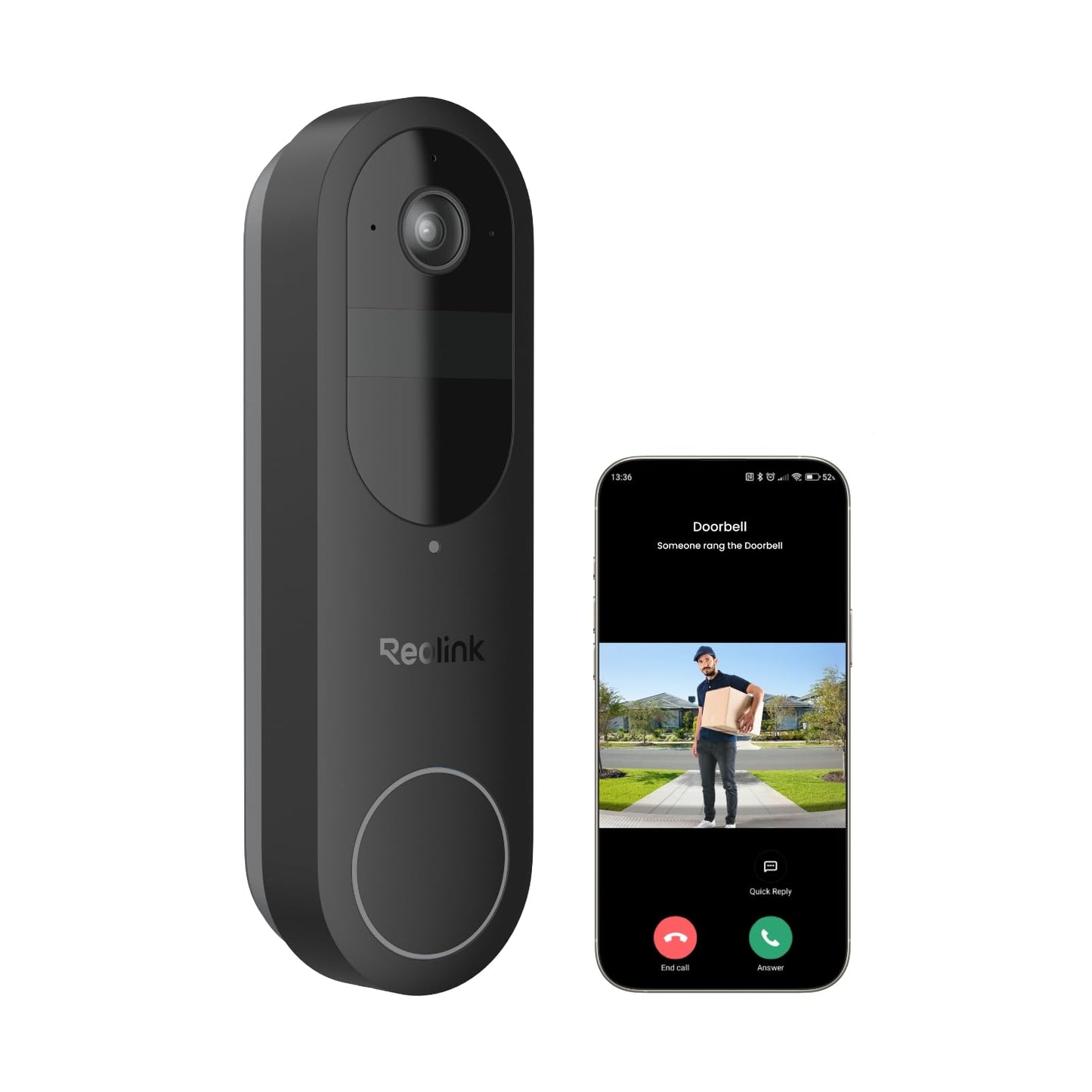 REOLINK Wireless 2K Battery Video Doorbell Camera, 150°x150° Head-to-Toe View, 2.4/5 GHz WiFi, Battery or Wired Power Options, Two-Way Talk, Person/Vehicle/Package Detection(Chime not Included)