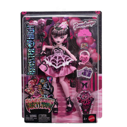 Monster High Scary Sweet Birthday Doll, Draculaura in Pink Party Dress with Themed Accessories Like Invite, Balloon, Gift, Fan and More
