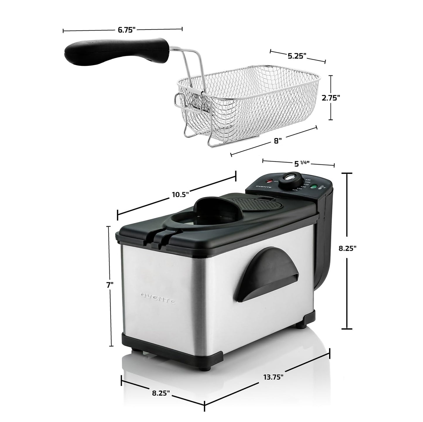 OVENTE Electric Deep Fryer 2 Liter Capacity, 1500 Watt Lid with Viewing Window and Odor Filter, Adjustable Temperature, Removable Frying Basket and Easy to Clean Stainless Steel Body, Silver FDM2201BR
