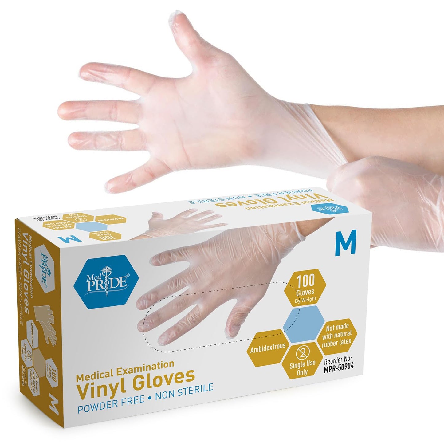 MED PRIDE Medical Vinyl Examination Gloves (Medium, 100-Count) Latex & Rubber Free, Ultra-Strong, Clear Disposable Powder-Free Gloves for Healthcare & Food Handling Use