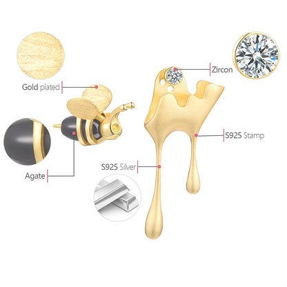 Lotus Fun S925 Sterling Silver Earrings Bee and Dripping Honey Asymmetric Stud Earrings, Creative Handmade Unique Jewelry Gifts for Women (Gold)