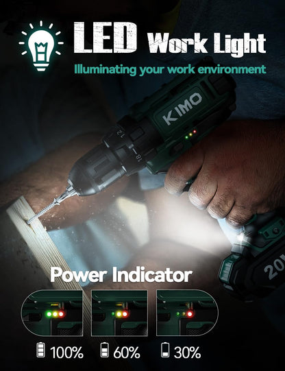 KIMO 20V Cordless Drill Set with 2 Packs 2.0Ah Battery, Max 350 In-lb Torque, 1350 RPM, 3/8" Keyless Chuck, 18+2 Clutch Setting, 18pcs Accessories, Power Drill for Drilling Wood Bricks Walls Metal