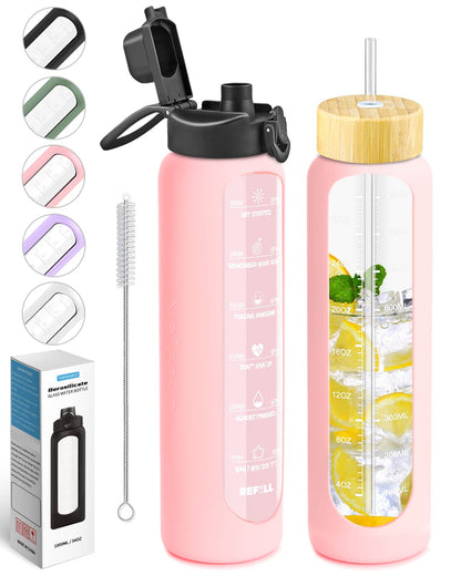 Nefeeko 32 oz Glass Water Bottles with Straw, Motivational Time Marker, 1 Liter BPA FREE Leakproof Reusable Bottle with Silicone Sleeve, Bamboo & Spout Lid