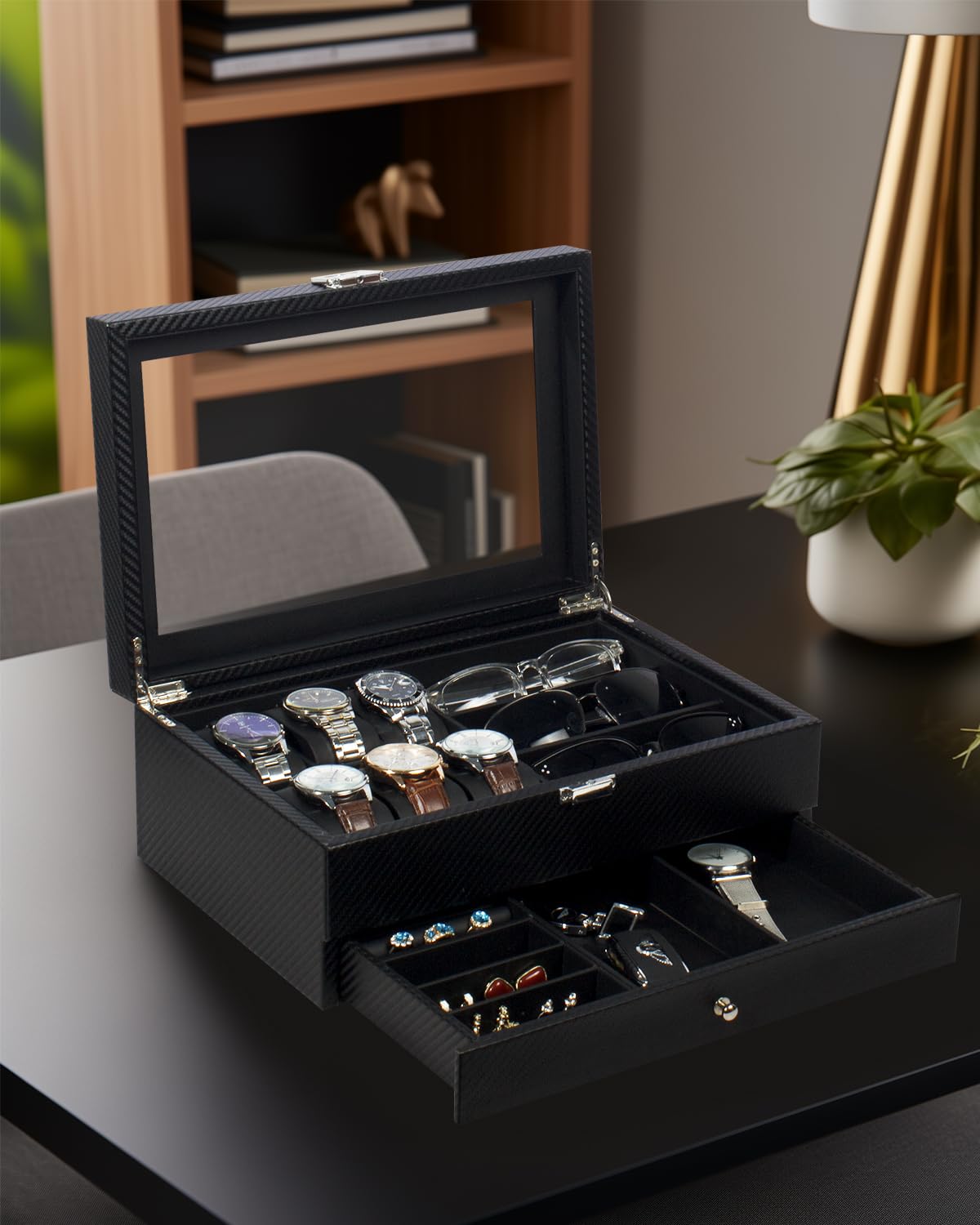 GUKA Watch box, 6 Slot Watch Case, 3 Slot Sunglass Organizer, Watch Cases for men with Real Glass Lid, Watch Organizer storage with Jewelry Case, Birthday for Men and Women, Black