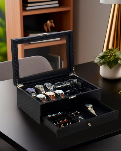 GUKA Watch box, 6 Slot Watch Case, 3 Slot Sunglass Organizer, Watch Cases for men with Real Glass Lid, Watch Organizer storage with Jewelry Case, Birthday for Men and Women, Black