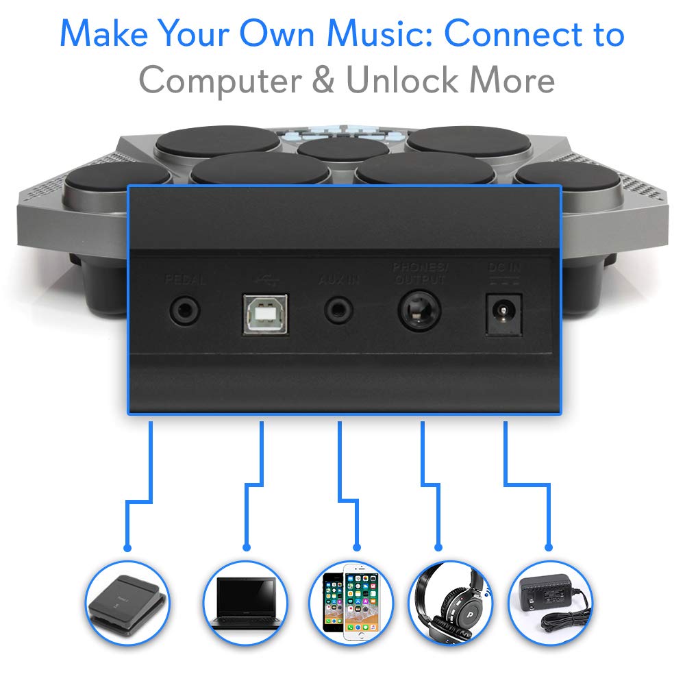 Pyle Pro Electronic Drum kit - Portable Electric Tabletop Drum Set Machine with Digital Panel, 7 Drum Pad, Hi-Hat / Kick Bass Pedal Controller USB AUX -Tom Toms, Hi-Hat, Snare Drums, Cymbals - PTED06