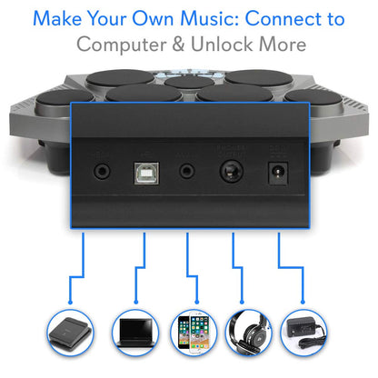 Pyle Pro Electronic Drum kit - Portable Electric Tabletop Drum Set Machine with Digital Panel, 7 Drum Pad, Hi-Hat / Kick Bass Pedal Controller USB AUX -Tom Toms, Hi-Hat, Snare Drums, Cymbals - PTED06