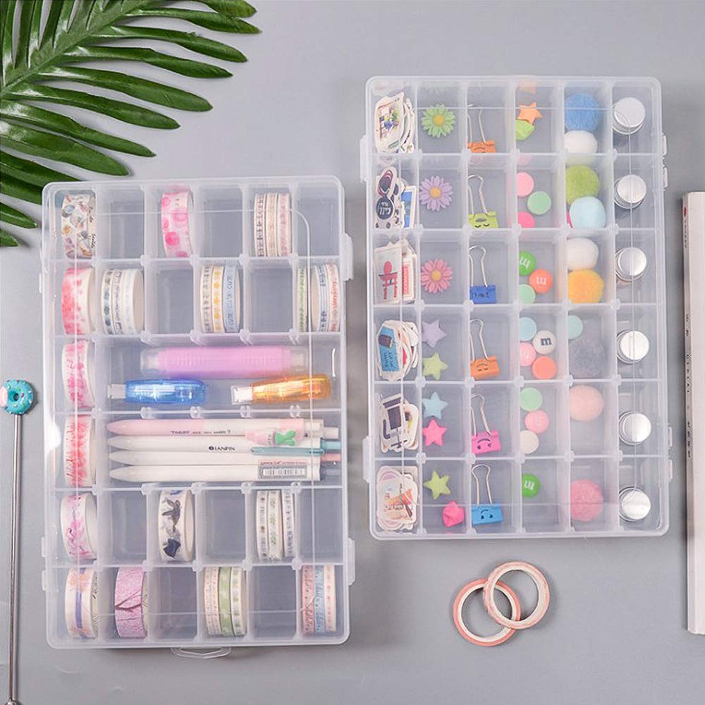 OUTUXED 2 Pack 36 Grids Clear Plastic Bead Organizer Box, Fishing Tackle Box Compartment Organizer with Adjustable Dividers for Jewelry, Art Craft, Bead Storage Containers with 5 Sheets Label Stickers