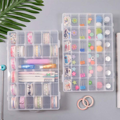 OUTUXED 2 Pack 36 Grids Clear Plastic Bead Organizer Box, Fishing Tackle Box Compartment Organizer with Adjustable Dividers for Jewelry, Art Craft, Bead Storage Containers with 5 Sheets Label Stickers