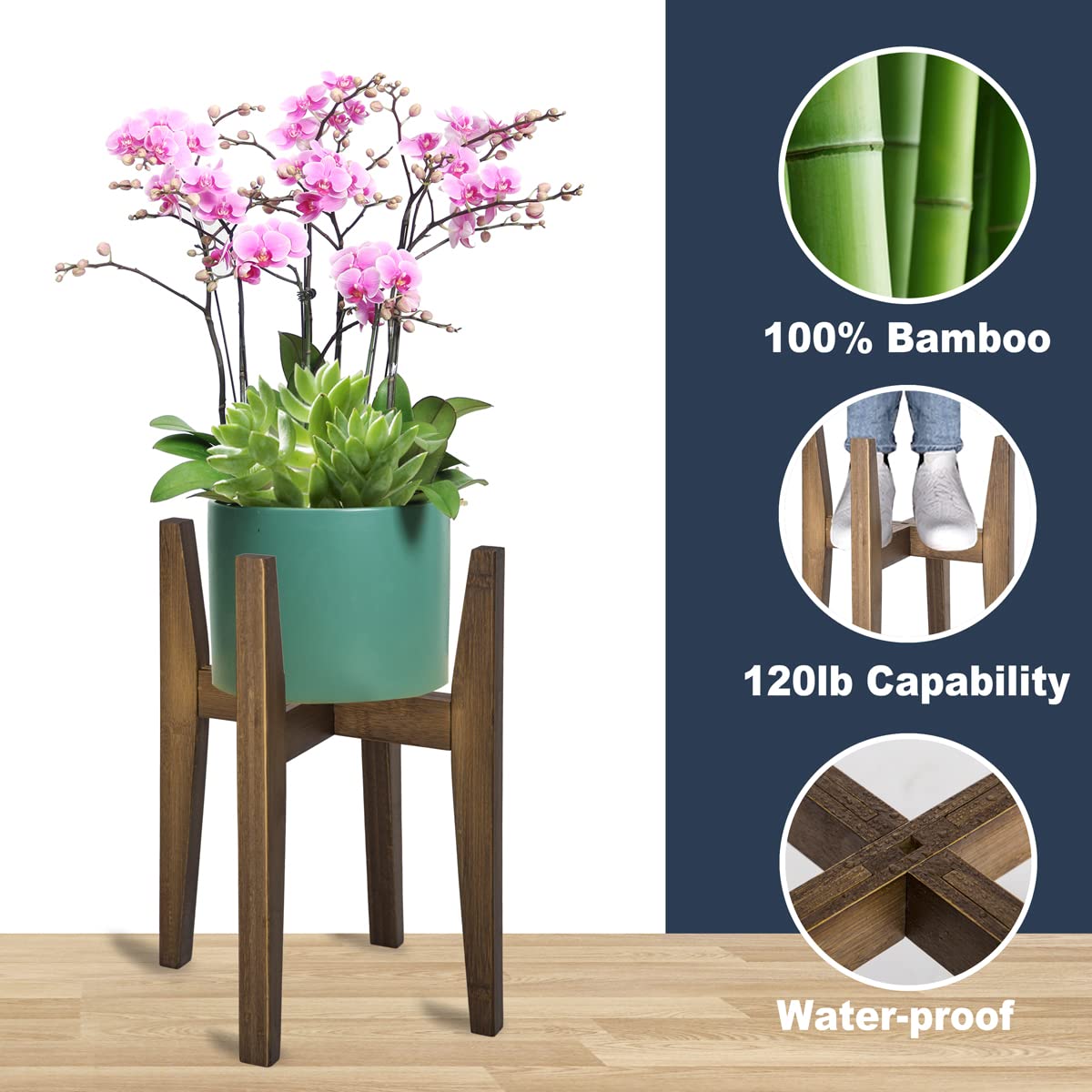 OERGKE Adjustable Plant Stand, Bamboo Mid Century Modern Indoor Plants Stands, Corner Flower Holder for Living Room, Fits 8 to 12 Inches Pots, (Pot & Plant Not Included)(Walnut, 1 Pack)