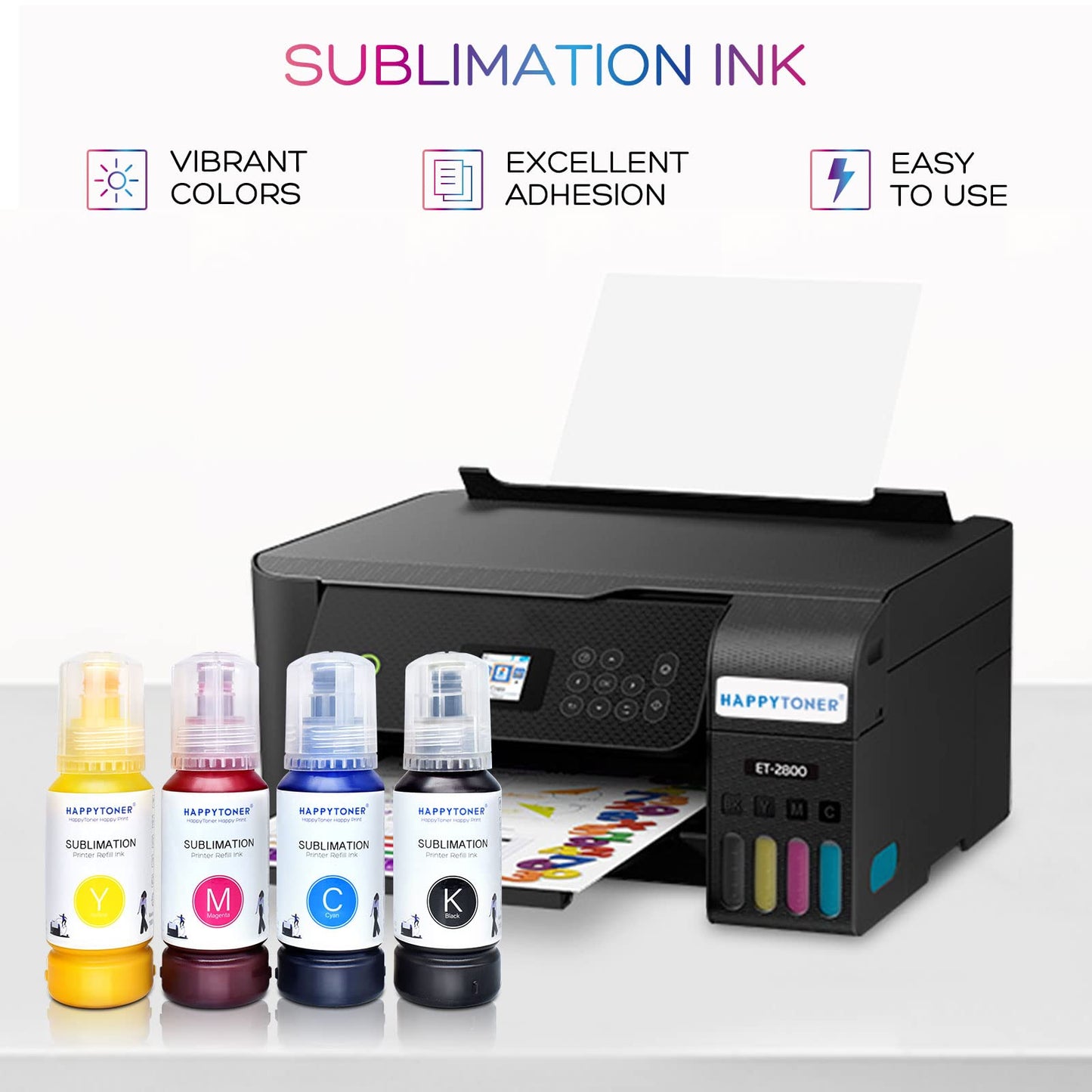 HAPPYTONER Sublimation Ink for Epson 2800 ecotank ET-3750 ET-3760 ET-3830 ET-4850 ET-4750 ET-2760 ET-2700 ET-4760 ET-15000 ST-2000 Heat Press Transfer on T-Shirt Mug (Upgrade Version/Anti-UV)