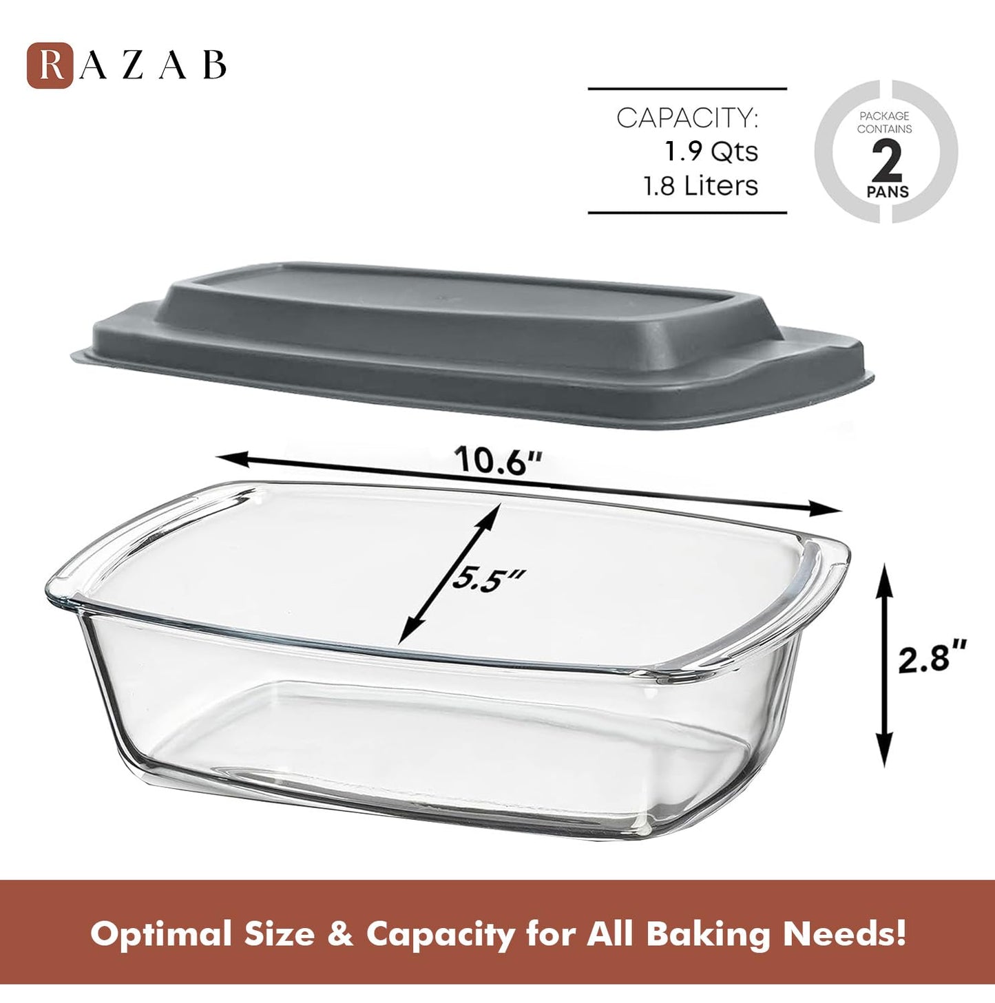 Razab LARGE 7.6 Cups/1800 ML/1.9 Qt Glass Loaf Pan with Lids (Set of 2) - Meatloaf Pan BPA free Airtight Lids Grip Handle Easy Carry, Microwave and Oven Safe - Loaf Pans For Baking Bread, Cakes