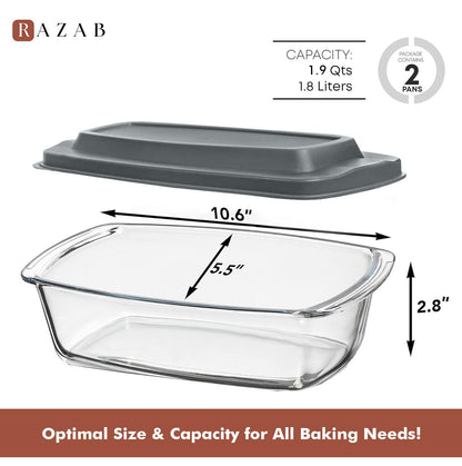 Razab LARGE 7.6 Cups/1800 ML/1.9 Qt Glass Loaf Pan with Lids (Set of 2) - Meatloaf Pan BPA free Airtight Lids Grip Handle Easy Carry, Microwave and Oven Safe - Loaf Pans For Baking Bread, Cakes