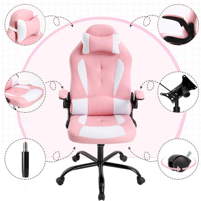 Gaming Chair Office Chair Desk Chair with Lumbar Support Flip Up Arms Headrest Swivel Rolling Adjustable PU Leather Racing Computer Chair for Girls,Pink