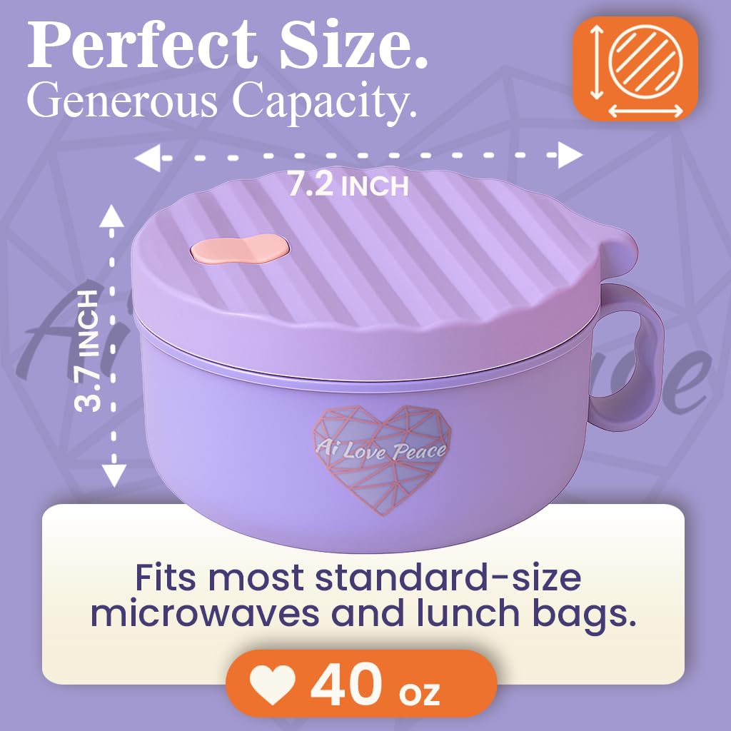 AI LOVE PEACE Ramen Bowl, 40 oz Microwaveable Noodle Cooker for Ramen, Pho, Soup, and Pasta, Dishwasher Safe and Portable, Ideal for Home, Office, Dorm, or Gift (Purple)