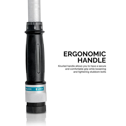 Neiko PRO 03709B 1/2-Inch-Drive Torque Wrench, 25-Inch Adjustable Click Torque Wrench, Made with Chrome Vanadium CrV Steel, SAE