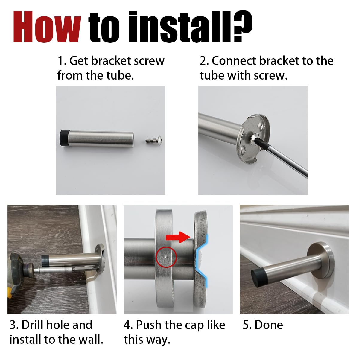 JQK Door Stopper Black, 304 Stainless Steel Thicken 1mm Sound Dampening Door Stop Bumper Wall Protetor 2 Pack, Matte Black, DSB5-PB-P2