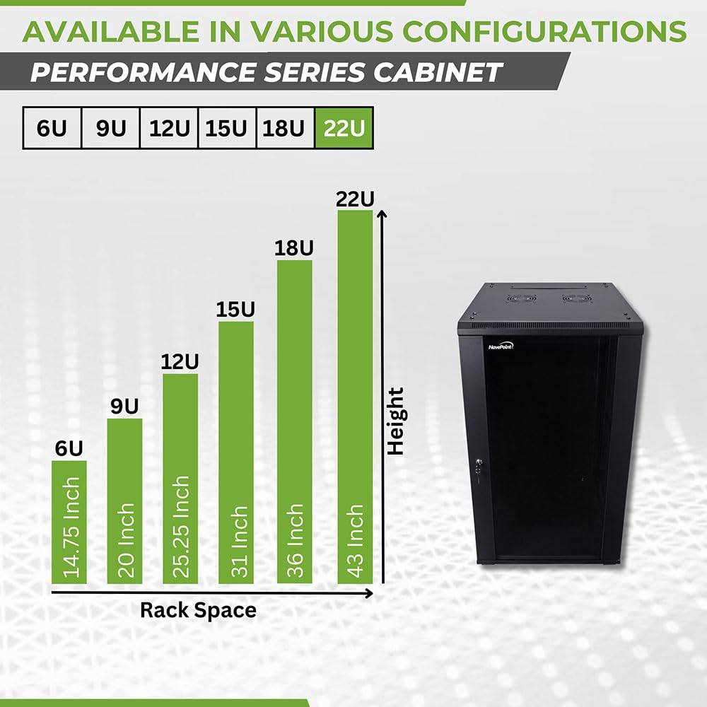 NavePoint 22U Server Cabinet Wall Mount Rack Enclosure with Caster Wheels, 2 Fans, Locking Glass Door, Removable Side Panels – 22U Network Cabinet 23.6” Deep, 19” Server Rack for A/V Equipment