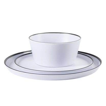 Gibson Home Folsom Shores 12 Piece Unbreakable Modern Melamine Plates and Bowls Dinnerware Set - Outdoor, Camping, & Everyday Use - White W/Black Rim
